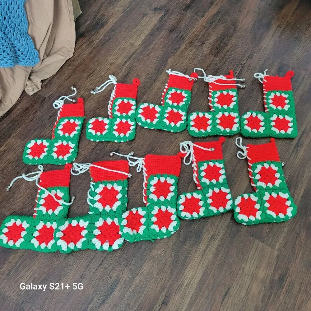 Lot of 10 Granny square Christmas stocking green red white Handmade Bells